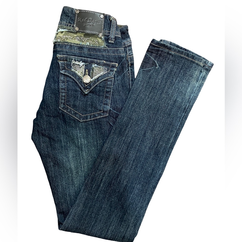 Red Rivet Bling Denim Jeans with Camo accent’s  Size 3